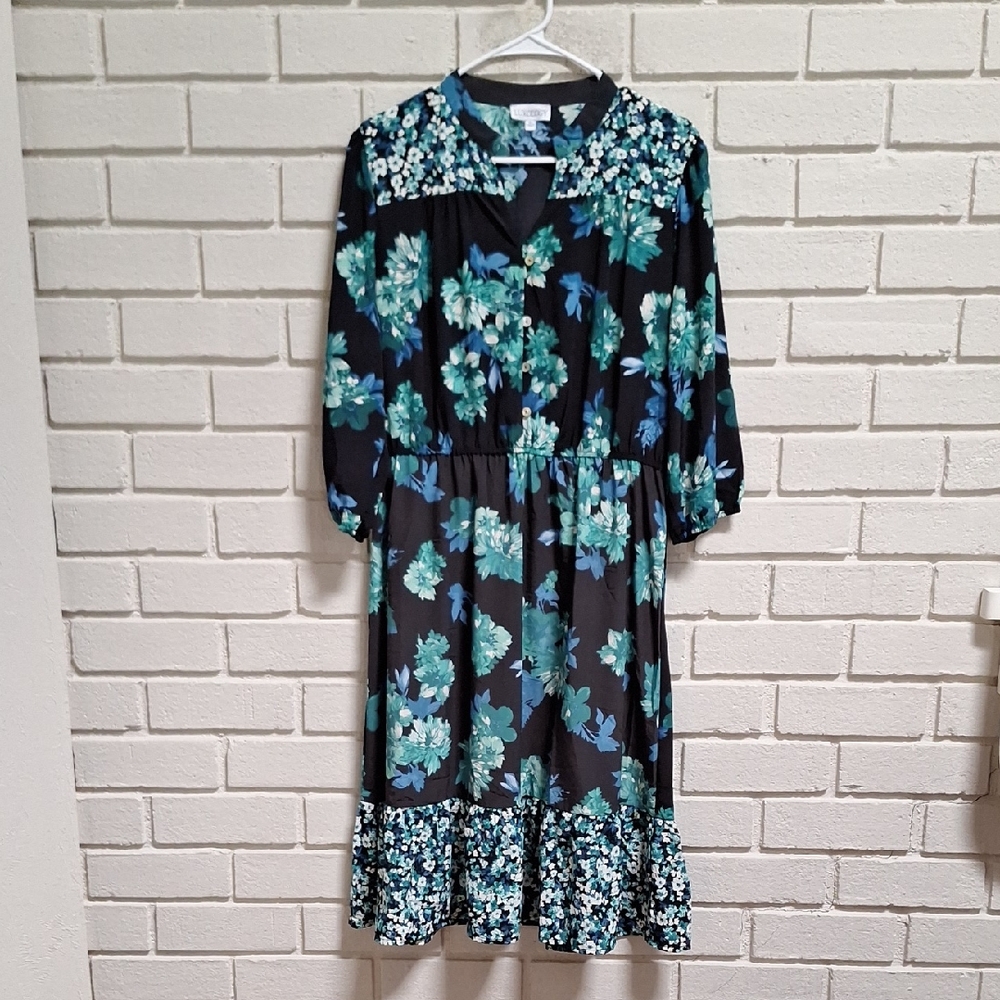 Luxology Floral Black and Green Boho Vibes Belted Midi Dress. Size XL NWOT